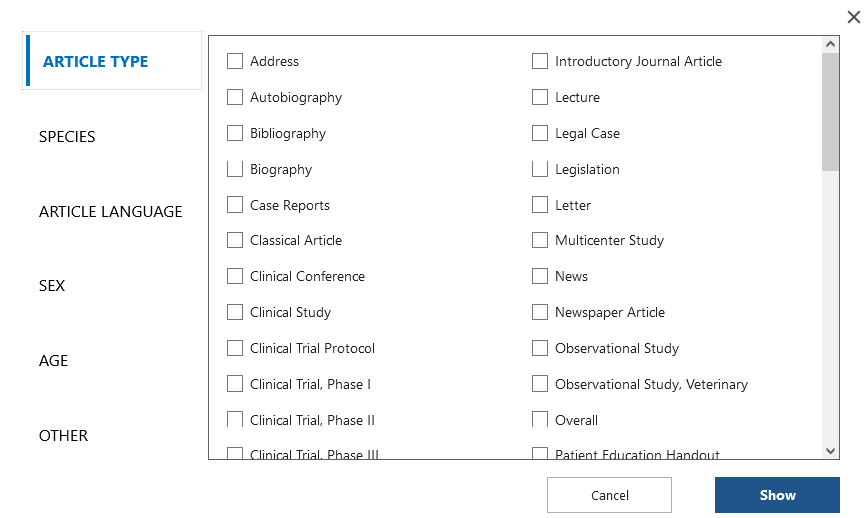 Filtres additionnels dans la base de données Pubmed